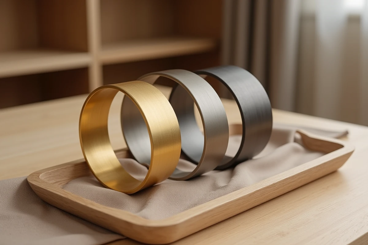 Trois bracelets larges en métaux différents — plaqué or, acier chirurgical et titane — présentés sur un plateau en bois dans une boutique de bijoux minimaliste