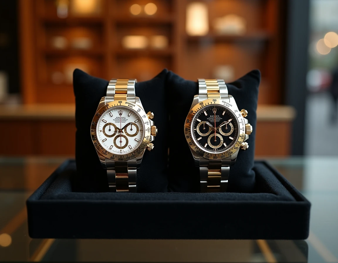 Deux Rolex Daytona côte à côte sur plateau de velours noir dans une boutique de montres de luxe, comparaison de modèles pour investissement