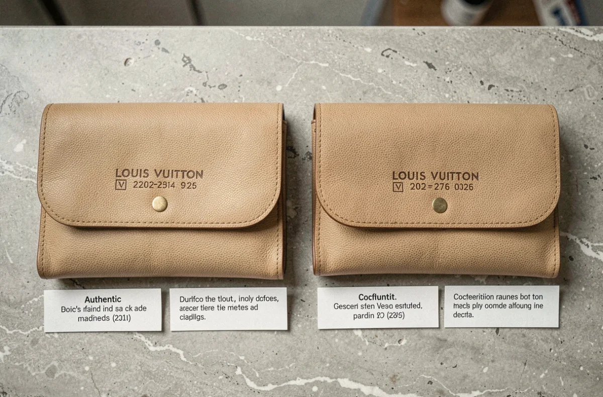 Comparaison côte à côte de numéros de série authentique et incorrect sur deux accessoires Louis Vuitton posés sur une surface en pierre