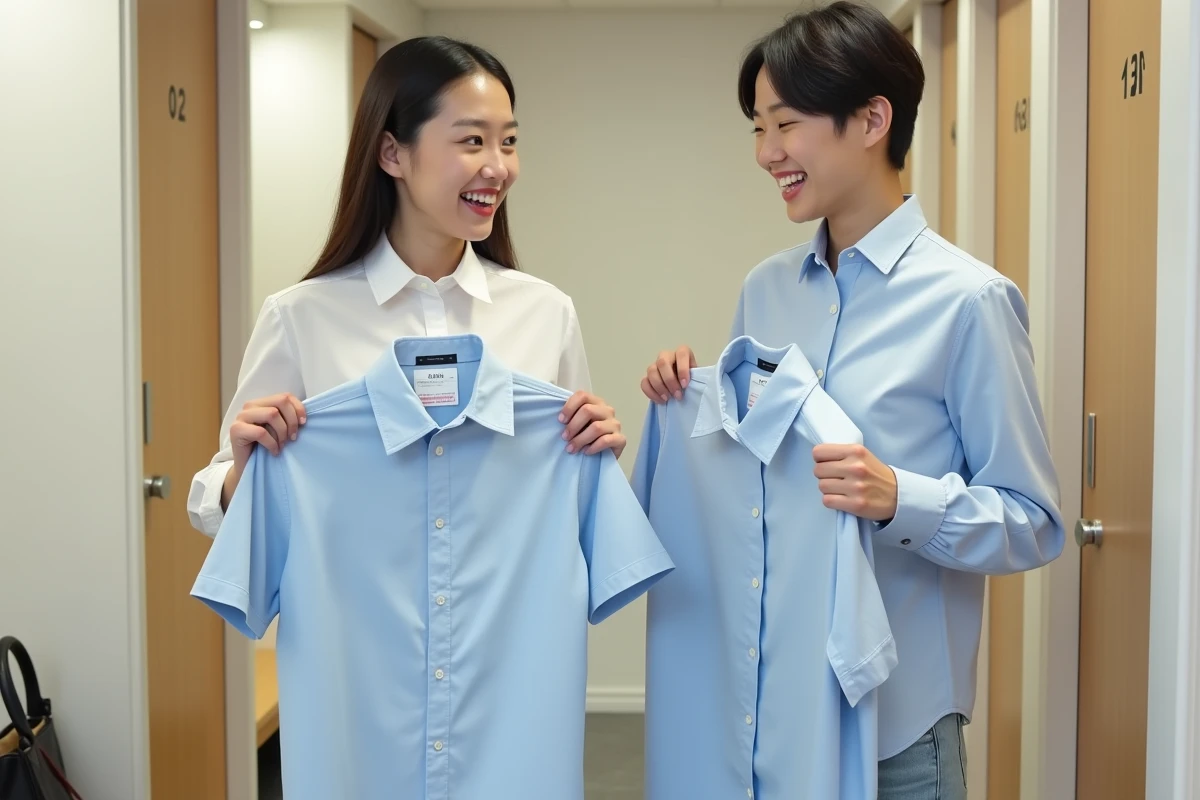 Deux femmes comparant les tailles d'une chemise Uniqlo dans un couloir de cabines d'essayage