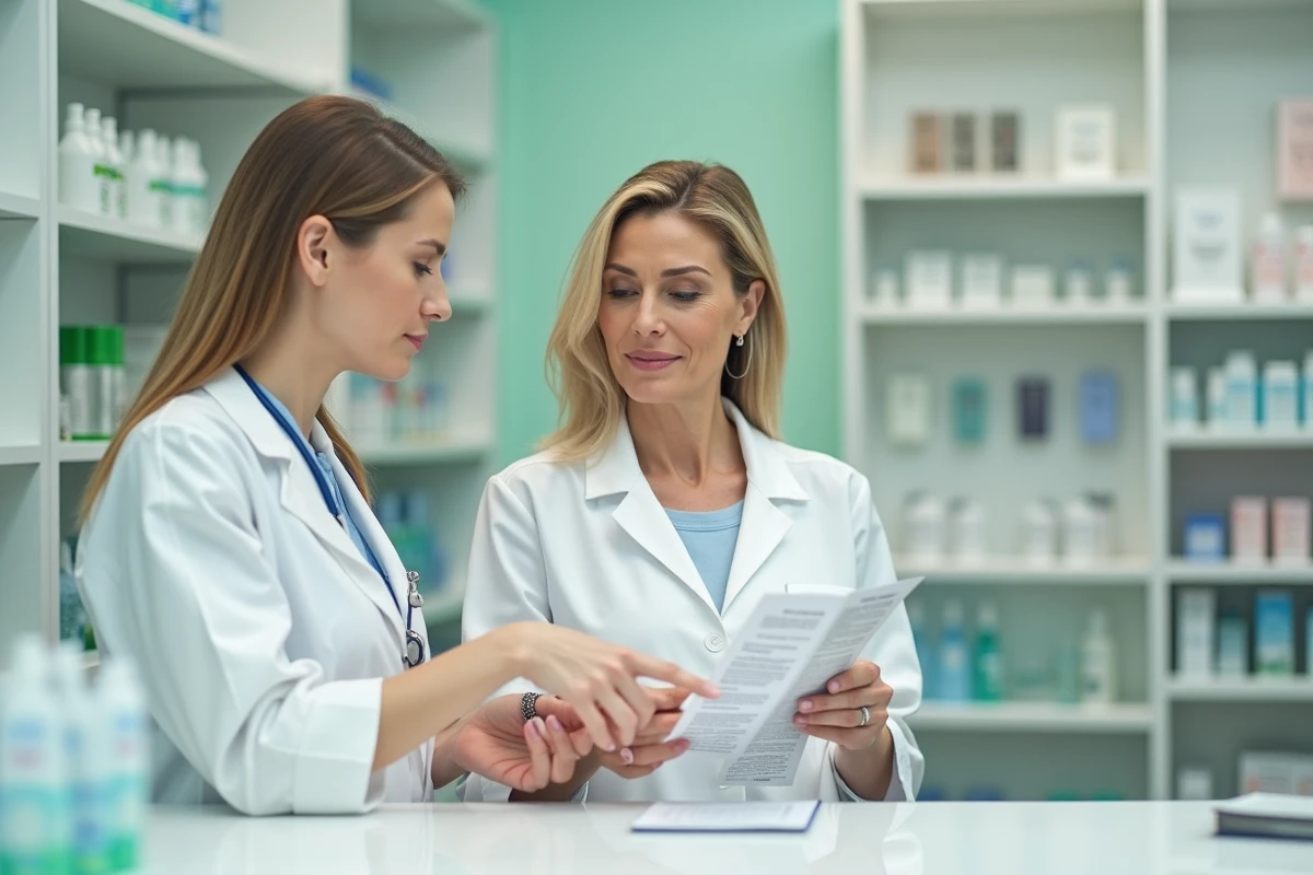 Femme à la peau sensible consultant une pharmacienne sur le port d'un bracelet large en titane hypoallergénique dans une pharmacie moderne