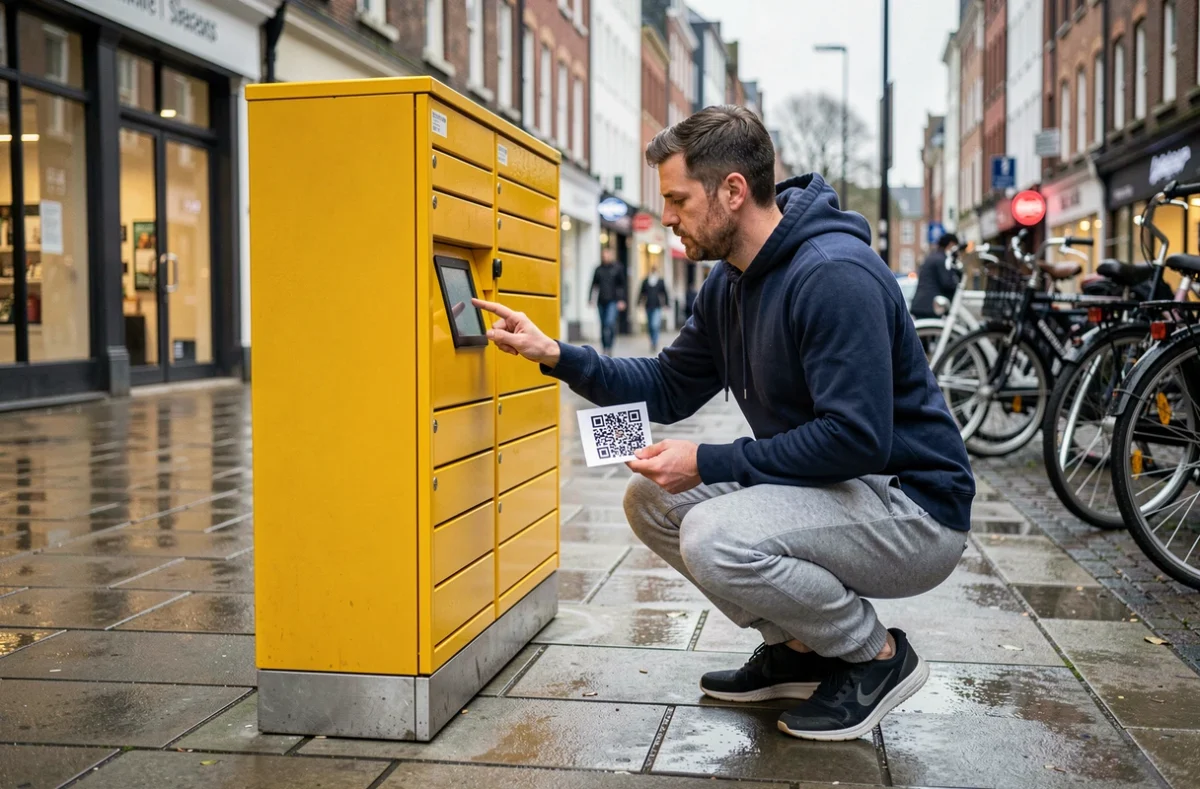 Homme utilisant une consigne automatique en ville pour déposer un colis d'occasion Vinted