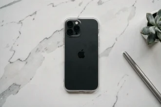 Coque iPhone 14 Plus transparente posée sur un bureau en marbre blanc avec accessoires minimalistes