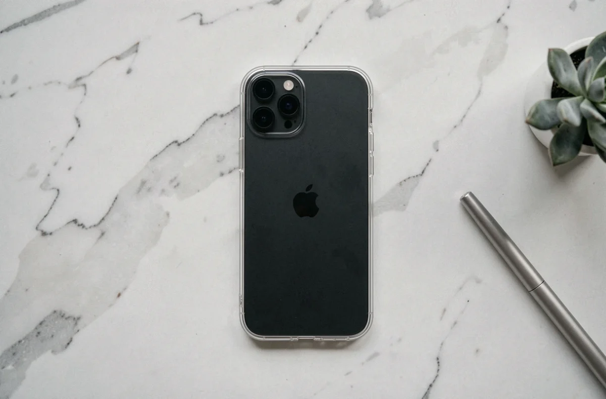Coque iPhone 14 Plus transparente posée sur un bureau en marbre blanc avec accessoires minimalistes
