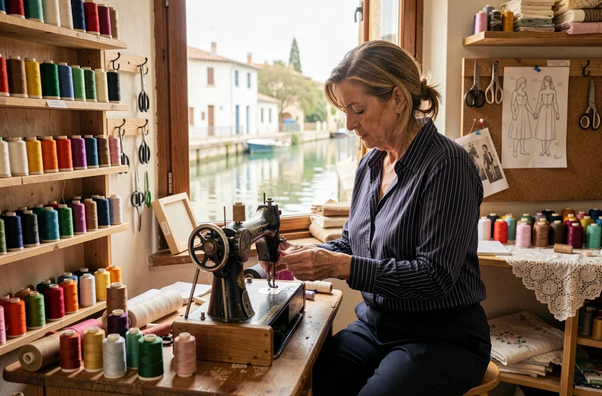 Couturière enfilant une aiguille sur une machine à coudre vintage dans l'atelier De Fil en Aiguille à Martigues