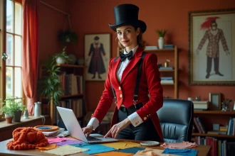Femme déguisée en maîtresse de cérémonie de cirque cherchant des costumes en ligne sur un bureau en bois