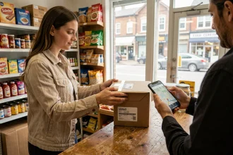 Jeune femme déposant un colis Vinted dans un point relais de quartier en consultant son smartphone