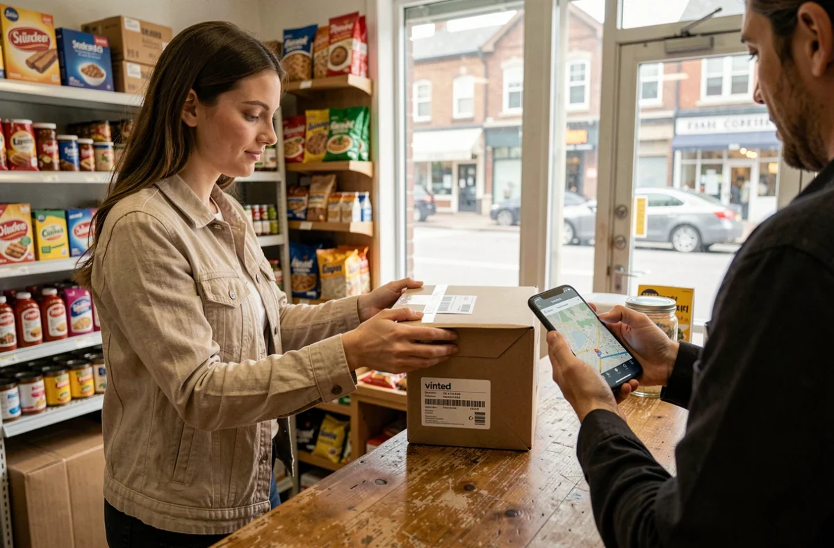 Jeune femme déposant un colis Vinted dans un point relais de quartier en consultant son smartphone