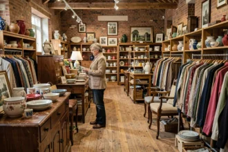 Intérieur d'un dépôt-vente en Auvergne-Rhône-Alpes avec des meubles vintage, des vêtements et des objets de décoration disposés en rangées