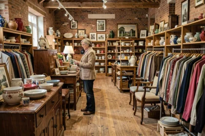 Intérieur d'un dépôt-vente en Auvergne-Rhône-Alpes avec des meubles vintage, des vêtements et des objets de décoration disposés en rangées