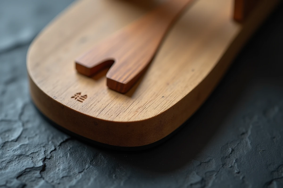 Détail de la semelle et des dents d'une geta japonaise artisanale avec marquage de fabricant gravé sur le bois naturel