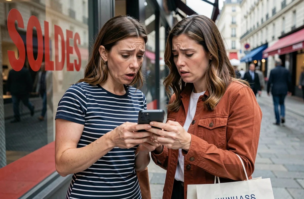 Deux femmes déçues consultant une offre de soldes sur smartphone devant une vitrine de magasin en ville