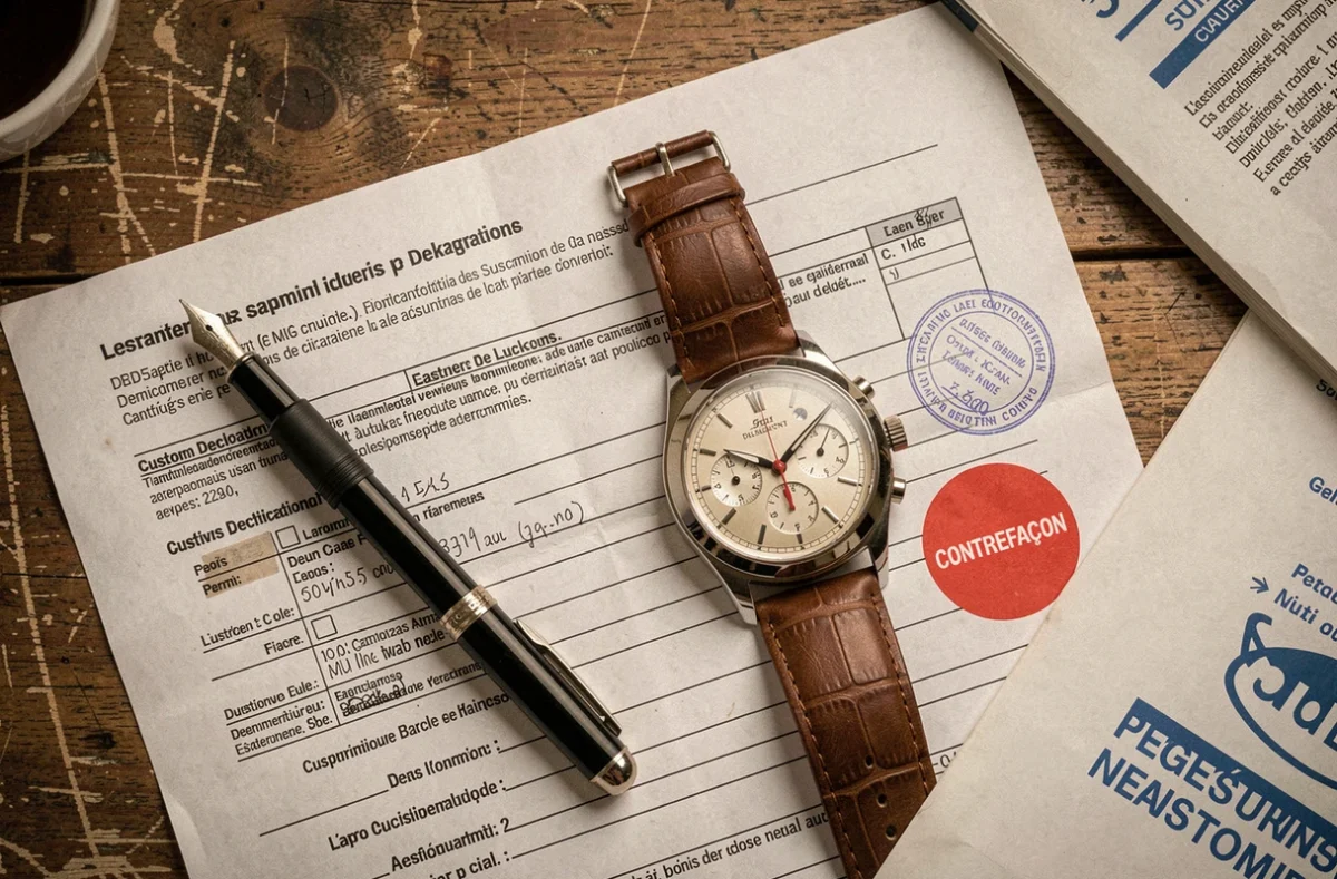 Documents douaniers français et montre contrefaite posés sur un bureau avec tampon de saisie et avertissement de contrefaçon