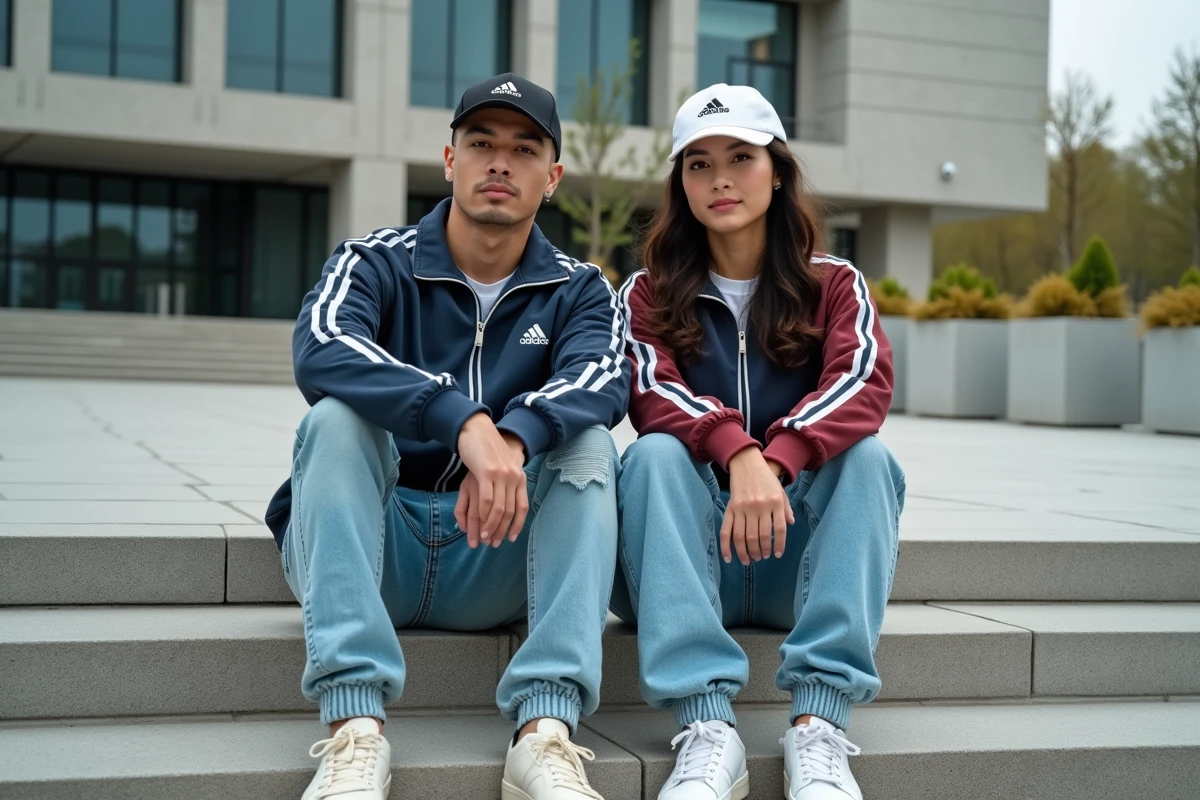 Deux amis en tenues streetwear coordonnées assis sur les marches d'une place urbaine avec façade brutaliste