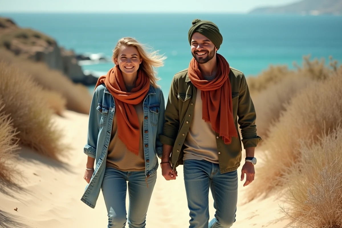 Deux amis portant des foulards cheche terracotta et vert olive sur un sentier côtier méditerranéen, tendance accessoires été 2026