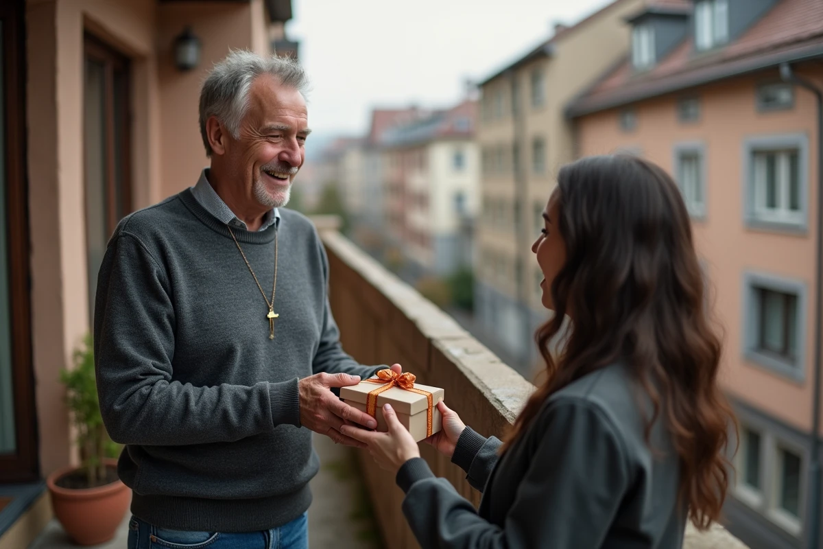 Homme plus âgé recevant un collier en cadeau sur un balcon
