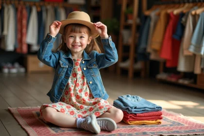 Jeune fille souriante avec vêtements vintage dans une boutique