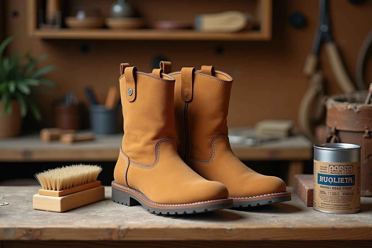 Bottines country femme en cuir nubuck beige posées sur un établi en bois avec brosse, gomme et spray protecteur pour l'entretien