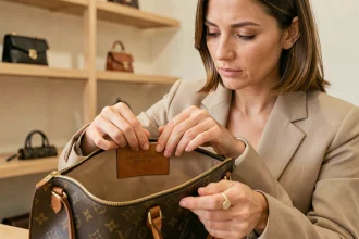 Femme examinant le numéro de série à l'intérieur d'un sac Louis Vuitton monogramme dans une boutique de revente de luxe