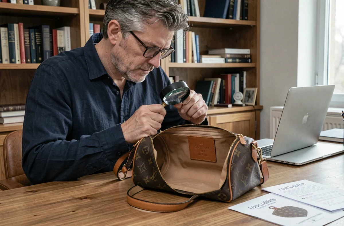 Expert en revente inspectant le numéro de série d'un sac Louis Vuitton Speedy avec une loupe sur un bureau