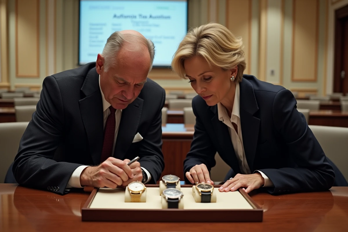 Experts en horlogerie évaluant des montres rares lors d'une vente aux enchères de prestige