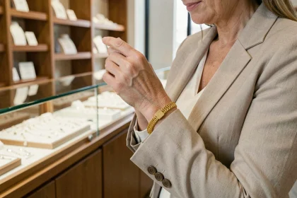 Femme examinant un bracelet en or jaune dans une bijouterie, gros plan sur le bijou avec reflets dorés et vitrine en arrière-plan