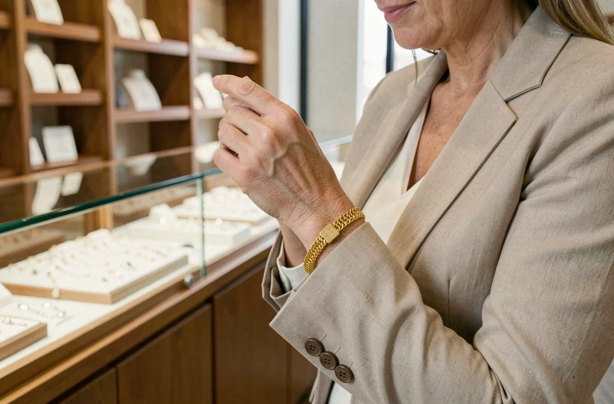 Femme examinant un bracelet en or jaune dans une bijouterie, gros plan sur le bijou avec reflets dorés et vitrine en arrière-plan