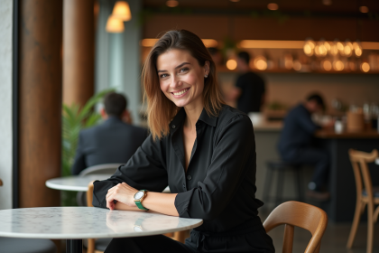 Femme élégante au café vérifiant sa montre verte