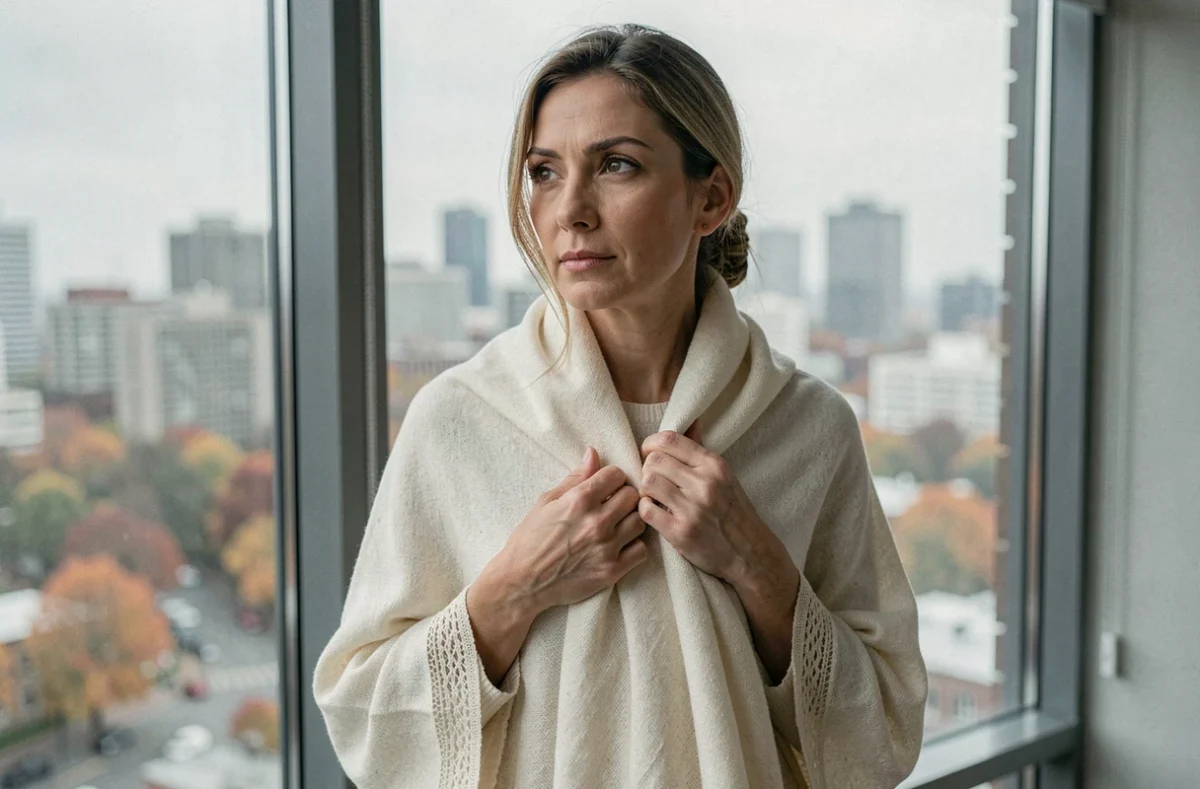 Femme portant un châle pashmina ivoire de qualité supérieure avec broderies fines près d'une fenêtre urbaine en automne