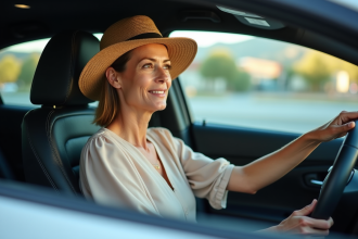 Femme portant un chapeau de soleil en voiture moderne