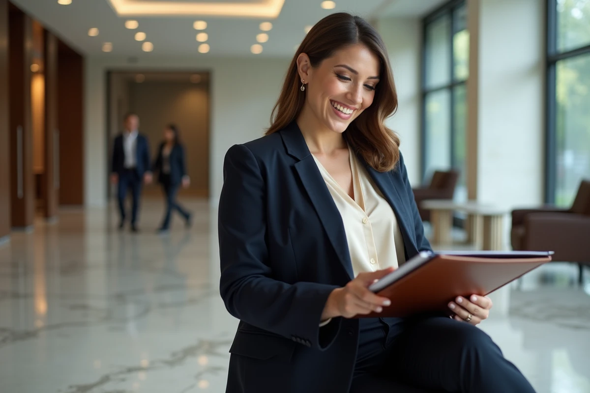 Femme confiante en blazer dans un bureau moderne