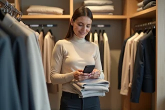 Femme consultant un convertisseur de taille vestimentaire sur smartphone dans une boutique de vêtements internationale