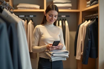 Femme consultant un convertisseur de taille vestimentaire sur smartphone dans une boutique de vêtements internationale