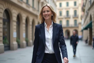 Femme élégante en blazer navy dans une ville historique