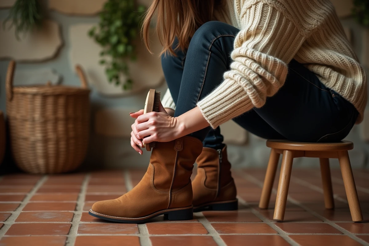 Femme entretenant une bottine country en cuir nubuck marron avec une brosse suède dans une cuisine de ferme rustique