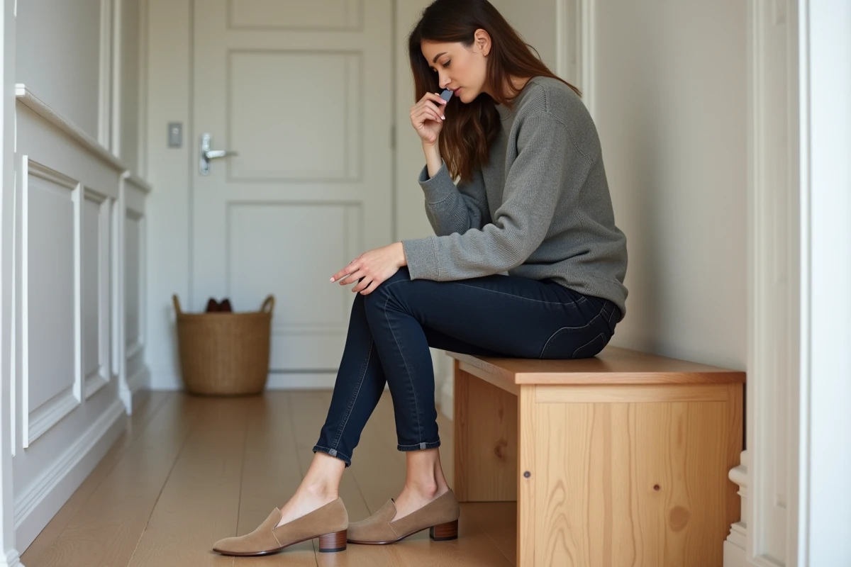 Femme essayant un mocassin trop grand avec un coussinet talon pour améliorer le maintien du pied