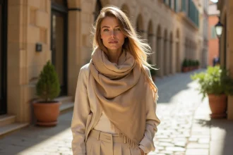 Femme portant un foulard cheche beige drapé élégamment dans une rue pavée européenne, look mode printemps 2026