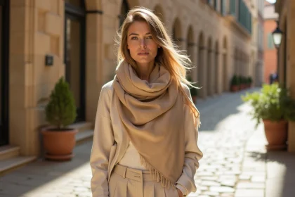 Femme portant un foulard cheche beige drapé élégamment dans une rue pavée européenne, look mode printemps 2026