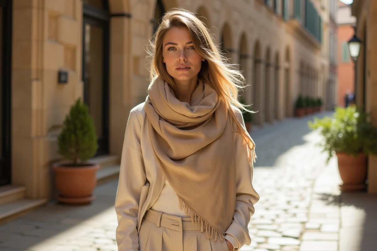 Femme portant un foulard cheche beige drapé élégamment dans une rue pavée européenne, look mode printemps 2026