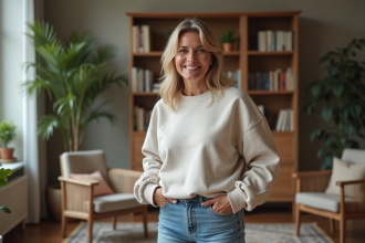 Femme française souriante en sweat ample dans un salon chaleureux