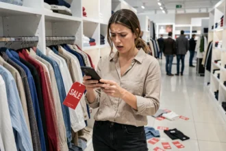 Femme frustrée consultant son téléphone devant un portant de soldes en magasin lors de la deuxième démarque