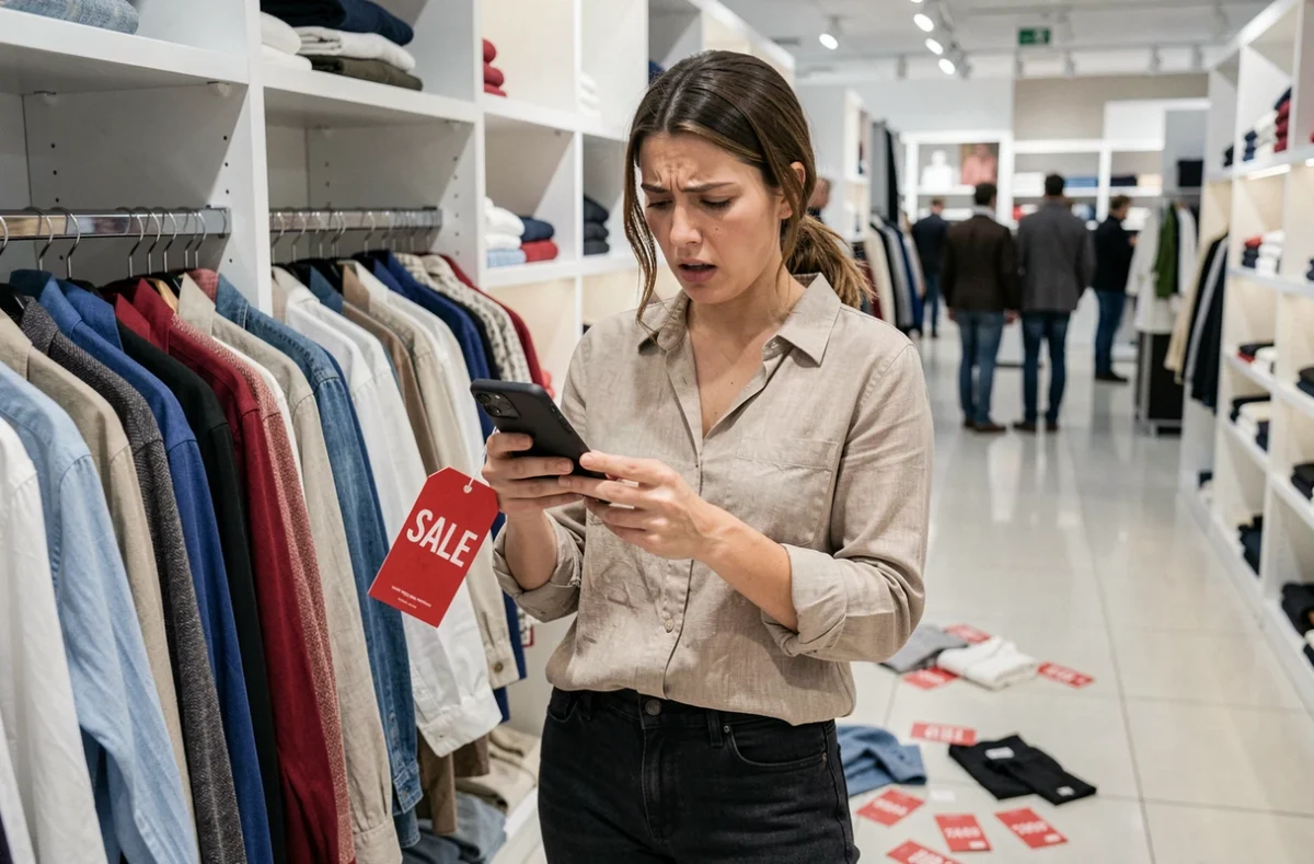 Femme frustrée consultant son téléphone devant un portant de soldes en magasin lors de la deuxième démarque