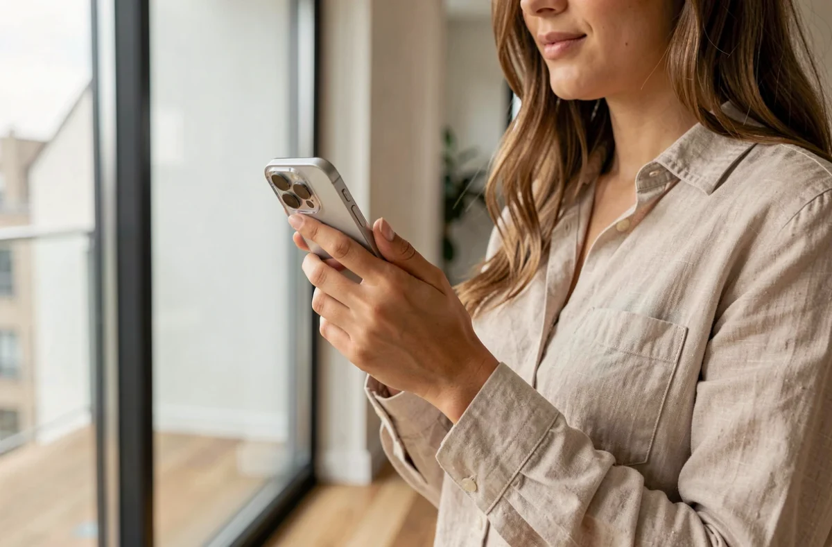 Femme tenant un iPhone 14 Plus avec coque transparente dans un appartement scandinave moderne
