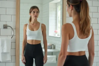 Femme en legging minceur noir se regardant dans un miroir de salle de bain pour évaluer l'effet gainant avant achat
