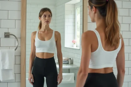 Femme en legging minceur noir se regardant dans un miroir de salle de bain pour évaluer l'effet gainant avant achat