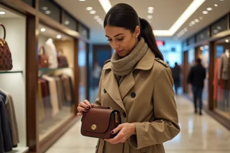 Femme élégante examinant un sac de luxe dans une boutique