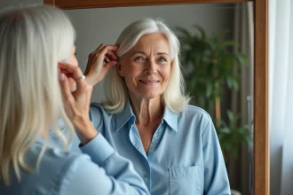 Femme mature se coiffant devant un miroir dans une chambre chaleureuse