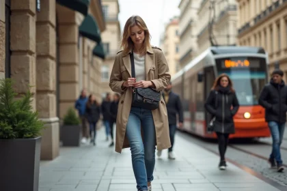 Femme élégante portant sac banane dans la ville