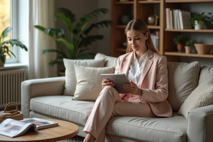 Femme élégante en blazer pastel sur canapé lecture