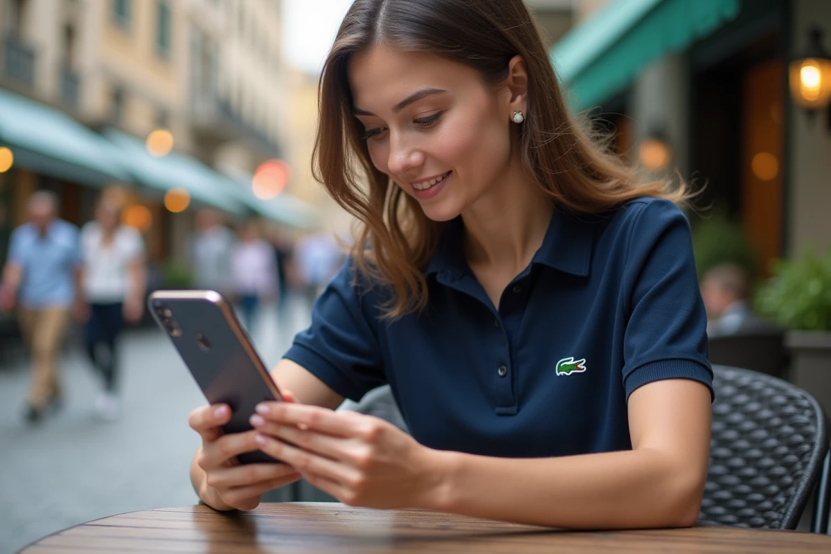 Femme vérifiant le logo crocodile sur son polo au café urbain